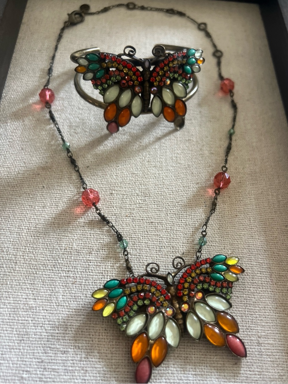 Signed Sorelli Multicolor Butterfly Pendant Necklace and Bracelet Set
